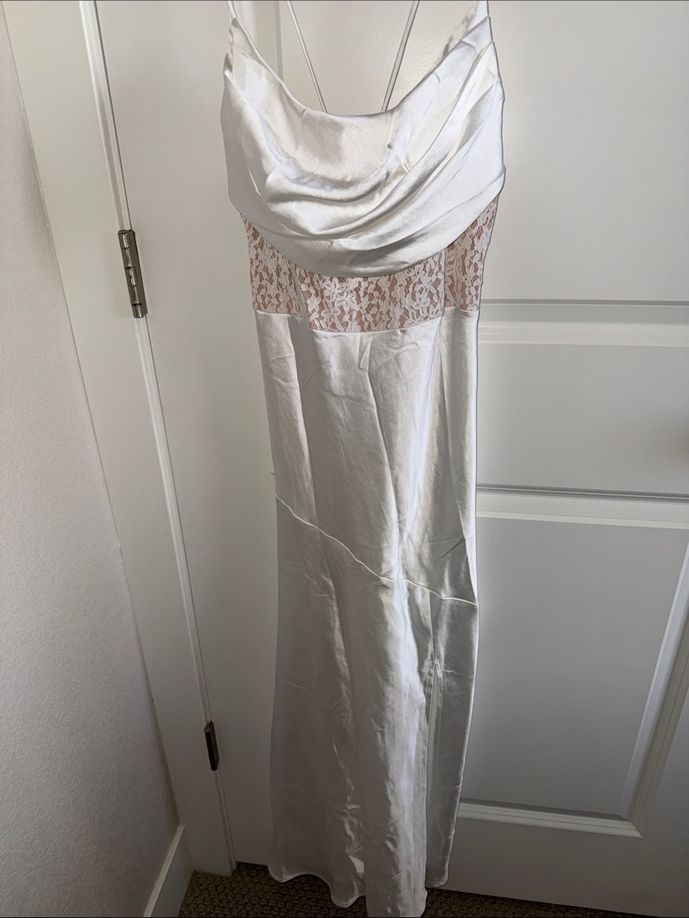 Selfie Leslie White Satin Slip Dress with Lace Panel